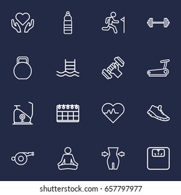 Set Of 16 Bodybuilding Outline Icons Set.Collection Of Pulse, Pool, Trekking Shoes And Other Elements.