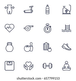 Set Of 16 Bodybuilding Outline Icons Set.Collection Of Pool, Weight Loss, Scales And Other Elements.