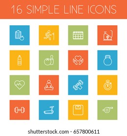 Set Of 16 Bodybuilding Outline Icons Set.Collection Of Pulse, Exercise Bike, Stopwatch And Other Elements.