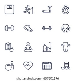 Set Of 16 Bodybuilding Outline Icons Set.Collection Of Health Care, Stopwatch, Calendar And Other Elements.