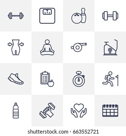 Set Of 16 Bodybuilding Outline Icons Set.Collection Of Trekking Shoes, Bowling, Exercise Bike And Other Elements.