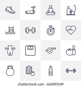 Set Of 16 Bodybuilding Outline Icons Set.Collection Of Stopwatch, Bowling, Diet And Other Elements.