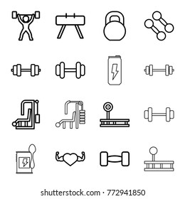 Set of 16 bodybuilding outline icons such as barbell, dumbbell, fintess equipment, gym equipment, heart with muscles, power lifter