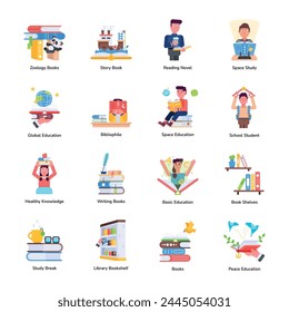 Set of 16 Book and Library Flat Icons