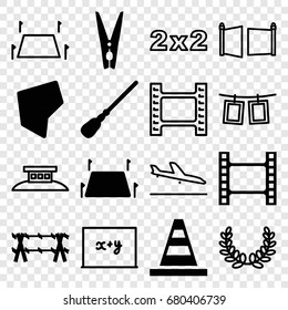 set of 16 border filled and outline icons such as mop, cone, cloth pin, land territory, wire fence, plane landing, photos on rope, gate, movie tape