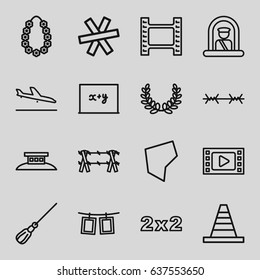set of 16 border outline icons such as plane landing, airport officer, mop, cone, garland, photos on rope, land territory, wire fence, blackboard