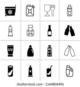 Set of 16 bottle filled and outline icons such as detergent bottle, cleaning powder, tooth paste, uv cream, refrigerator bag, soda, car oil, oil can, poison