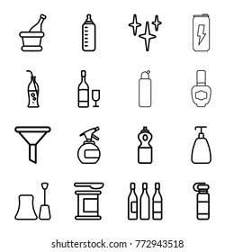Set of 16 bottle outline icons such as baby bottle, soap, nail polish, clean, filter, protein powder, wine glass, champagne