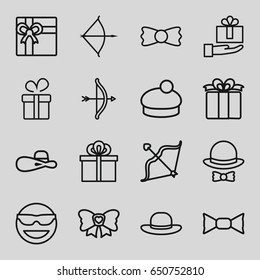 set of 16 bow outline icons such as present, gift, woman hat, emot in sun glasses