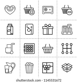 Set of 16 box outline icons such as safe, mechanical transmission, robot transmission, cargo, popcorn, heart shaped present box, milk, gift, cashbox, shopping basket