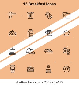 Set of 16 breakfast icons representing breakfast foods and morning meals.