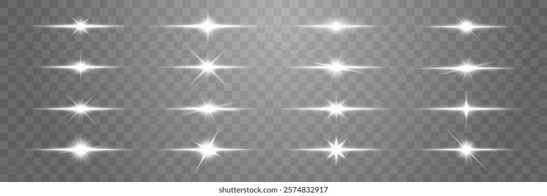 Set of 16 bright starburst effects on transparent background. Starburst designs vary in shape and intensity. Perfect for adding sparkle and shine. Overlay effect vector element set.