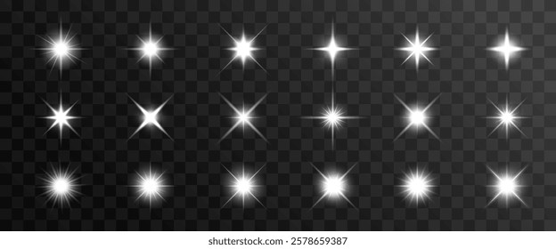 Set of 16 bright starburst effects on a transparent background. Various starburst shapes and sizes. Perfect for design projects needing starburst effects. Light effect vector set.