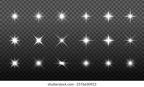 Set of 16 bright starburst light effects on transparent background. Starburst designs vary in intensity and shape, perfect for adding sparkle and shine. Overlay effect vector element set.