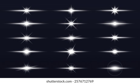 Set of 16 bright starburst light effects on a dark background. Starburst effects vary in shape and intensity, perfect for adding sparkle and shine. Overlay effect vector element set.