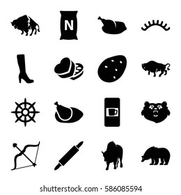 Set of 16 brown filled icons such as potato, bear, buffalo, vending machine, woman boot, eyelashes, bag with ground, helm, sweet box, bow, chicken
