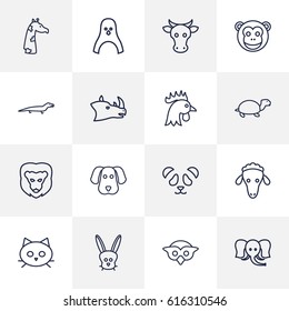 Set Of 16 Brute Outline Icons Set.Collection Of Owl, Monkey, Lizard And Other Elements.