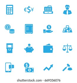 Set Of 16 Budget Icons Set.Collection Of Strongbox, Judge, Money And Other Elements.