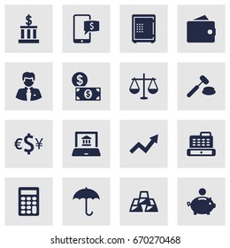 Set Of 16 Budget Icons Set.Collection Of Judge, Balance, Cashbox And Other Elements.