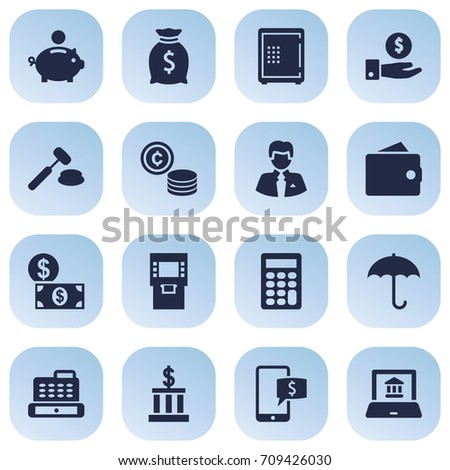 Set Of 16 Budget Icons Set.Collection Of Building, Electron Report, Sack And Other Elements.