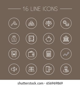 Set Of 16 Budget Outline Icons Set.Collection Of Coins, Justice, Electron Payment And Other Elements.