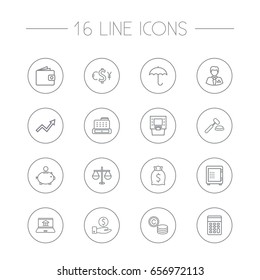 Set Of 16 Budget Outline Icons Set.Collection Of Businessman, Moneybag, Justice And Other Elements.
