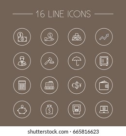 Set Of 16 Budget Outline Icons Set.Collection Of Wallet, Exchange, Moneybag And Other Elements.