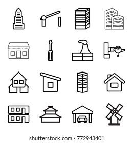 Set of 16 building outline icons such as jetway, business centre, business center building, business center, factory, screwdriver, home, house building, house builidng, garage