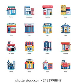 Set of 16 Buildings Flat Icons 