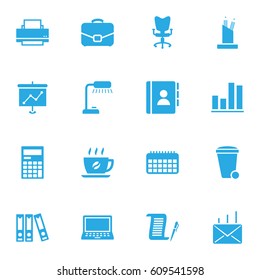 Set Of 16 Bureau Icons Set.Collection Of Office Chair, Table Lighter, Address Book And Other Elements.