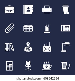 Set Of 16 Bureau Icons Set.Collection Of Calculator, Coffee, Manager And Other Elements.