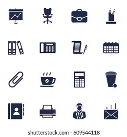 Set Of 16 Bureau Icons Set.Collection Of Trash Can, Diplomat, Calculator And Other Elements.