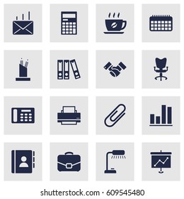 Set Of 16 Bureau Icons Set.Collection Of Diplomat, Address Book, Mail And Other Elements.