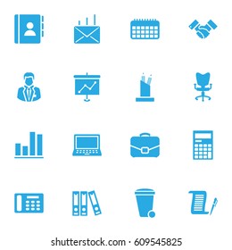 Set Of 16 Bureau Icons Set.Collection Of File Folder, Telephone, Presentation And Other Elements.