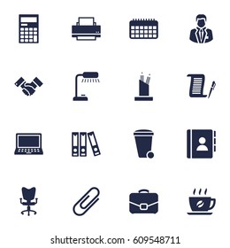 Set Of 16 Bureau Icons Set.Collection Of Address Book, Laptop, Manager And Other Elements.