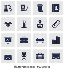 Set Of 16 Bureau Icons Set.Collection Of Diagram, Pencil Stand, Address Book Elements.