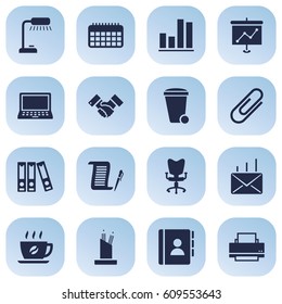Set Of 16 Bureau Icons Set.Collection Of Printer, Calendar, Trash Can And Other Elements.