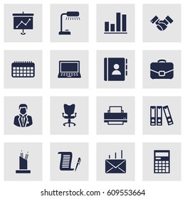 Set Of 16 Bureau Icons Set.Collection Of Diagram, Table Lighter, Manager And Other Elements.