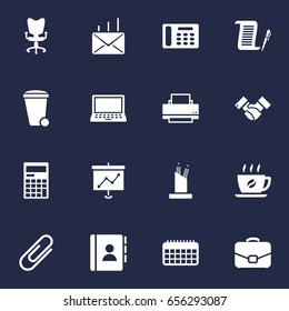 Set Of 16 Bureau Icons Set.Collection Of Address Book, Laptop, Printer And Other Elements.