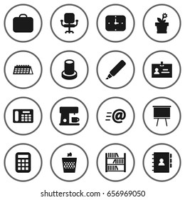Set Of 16 Bureau Icons Set.Collection Of Book, Espresso, Calculate And Other Elements.