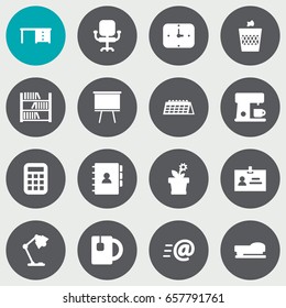 Set Of 16 Bureau Icons Set.Collection Of Desktop, Date, Data And Other Elements.