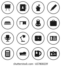 Set Of 16 Bureau Icons Set.Collection Of Calculate, Phone, Time And Other Elements.