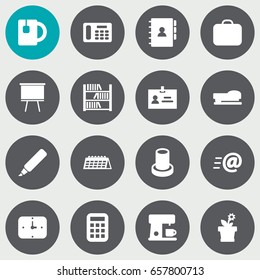 Set Of 16 Bureau Icons Set.Collection Of Data, Time, Date And Other Elements.