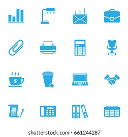 Set Of 16 Bureau Icons Set.Collection Of Printer, Telephone, Laptop And Other Elements.