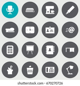 Set Of 16 Bureau Icons Set.Collection Of Urn, Flower, Phone And Other Elements.