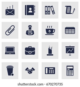 Set Of 16 Bureau Icons Set.Collection Of Presentation, Diplomat, Mail And Other Elements.