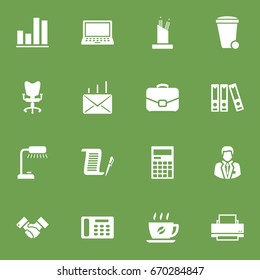 Set Of 16 Bureau Icons Set.Collection Of Manager, Office Chair, Trash Can And Other Elements.