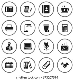 Set Of 16 Bureau Icons Set.Collection Of Office Chair, Table Lighter, Coffee And Other Elements.