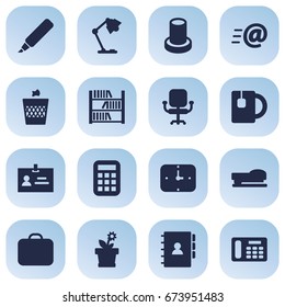 Set Of 16 Bureau Icons Set.Collection Of Label, Message, Cup And Other Elements.
