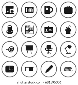 Set Of 16 Bureau Icons Set.Collection Of Espresso, Airchair, Blackboard And Other Elements.